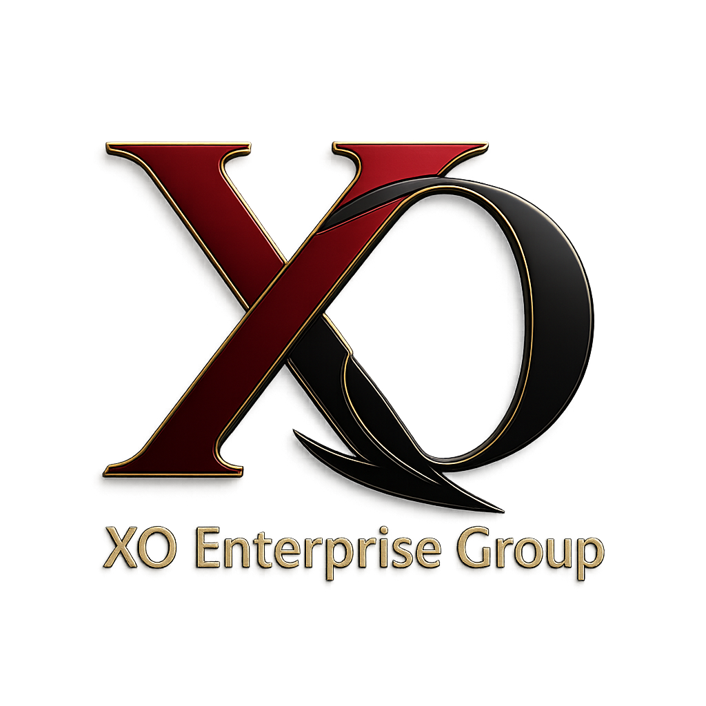 XO Enterprise Group logo featuring a bold, stylized “X” in deep red and “O” in black with gold accents.
